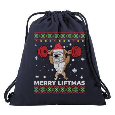 Merry Liftmas Weightlifting And English Bulldog Ugly Sweater Great Gift Drawstring Bag