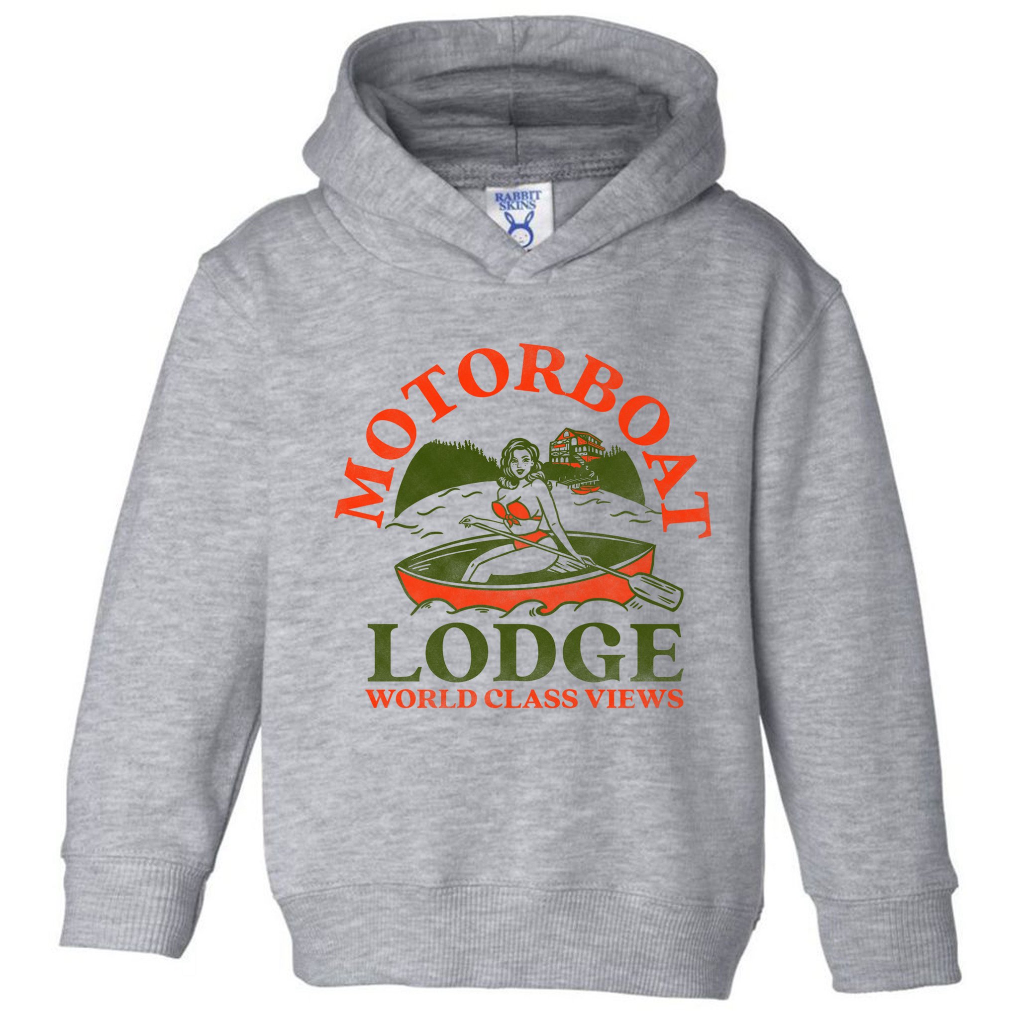 Motorboat Lodge World Class Views. Funny Retro Canoe Pinup Toddler Hoodie