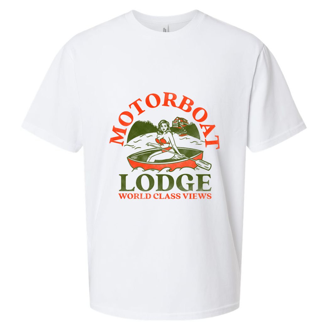 Motorboat Lodge World Class Views. Funny Retro Canoe Pinup Sueded Cloud Jersey T-Shirt