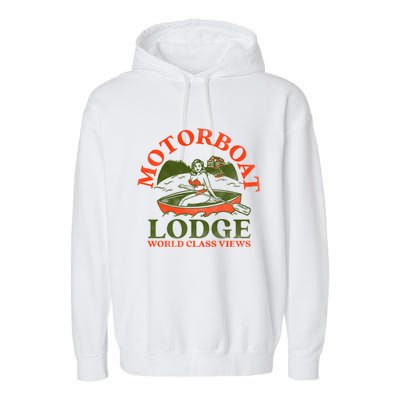 Motorboat Lodge World Class Views. Funny Retro Canoe Pinup Garment-Dyed Fleece Hoodie