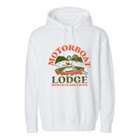 Motorboat Lodge World Class Views. Funny Retro Canoe Pinup Garment-Dyed Fleece Hoodie