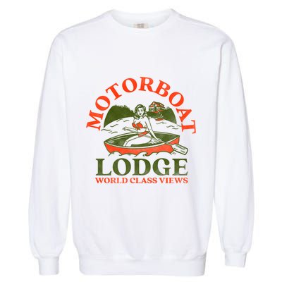 Motorboat Lodge World Class Views. Funny Retro Canoe Pinup Garment-Dyed Sweatshirt