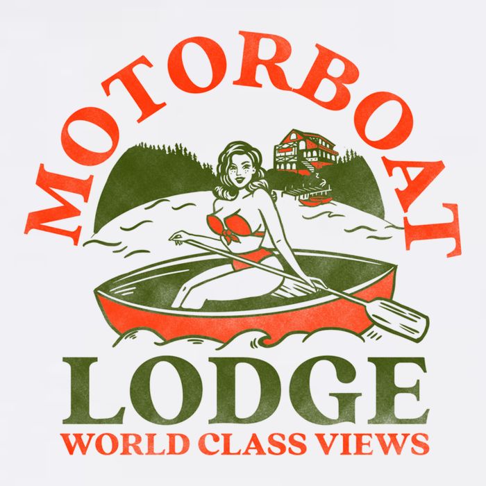 Motorboat Lodge World Class Views. Funny Retro Canoe Pinup Garment-Dyed Sweatshirt