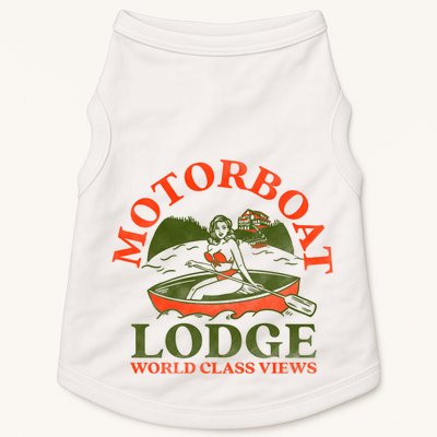 Motorboat Lodge World Class Views. Funny Retro Canoe Pinup Doggie Tank