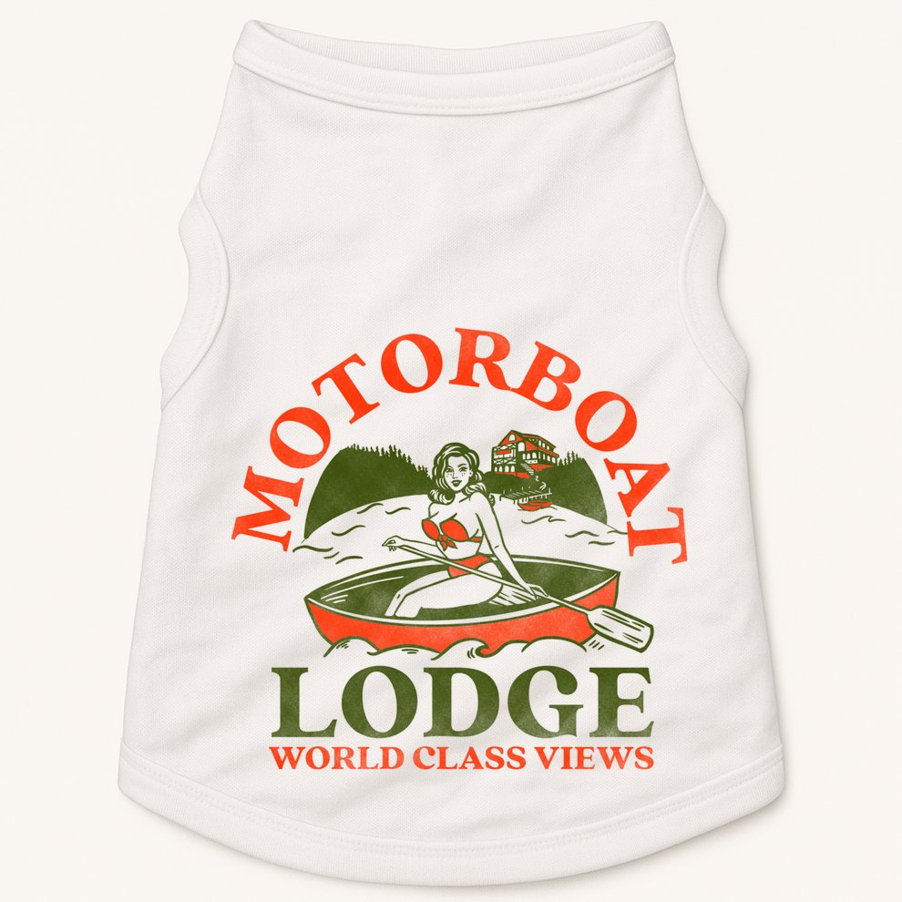 Motorboat Lodge World Class Views. Funny Retro Canoe Pinup Doggie Tank