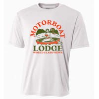 Motorboat Lodge World Class Views. Funny Retro Canoe Pinup Cooling Performance Crew T-Shirt