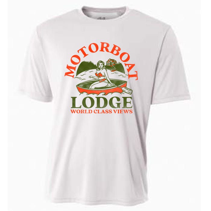 Motorboat Lodge World Class Views. Funny Retro Canoe Pinup Cooling Performance Crew T-Shirt