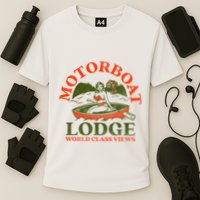 Motorboat Lodge World Class Views. Funny Retro Canoe Pinup Performance Shirt