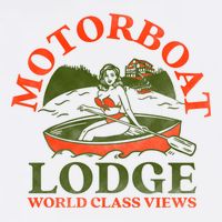 Motorboat Lodge World Class Views. Funny Retro Canoe Pinup Performance Shirt