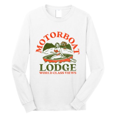 Motorboat Lodge World Class Views. Funny Retro Canoe Pinup Long Sleeve Shirt