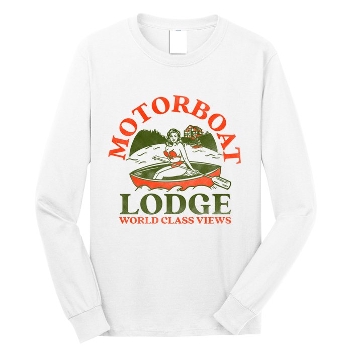 Motorboat Lodge World Class Views. Funny Retro Canoe Pinup Long Sleeve Shirt