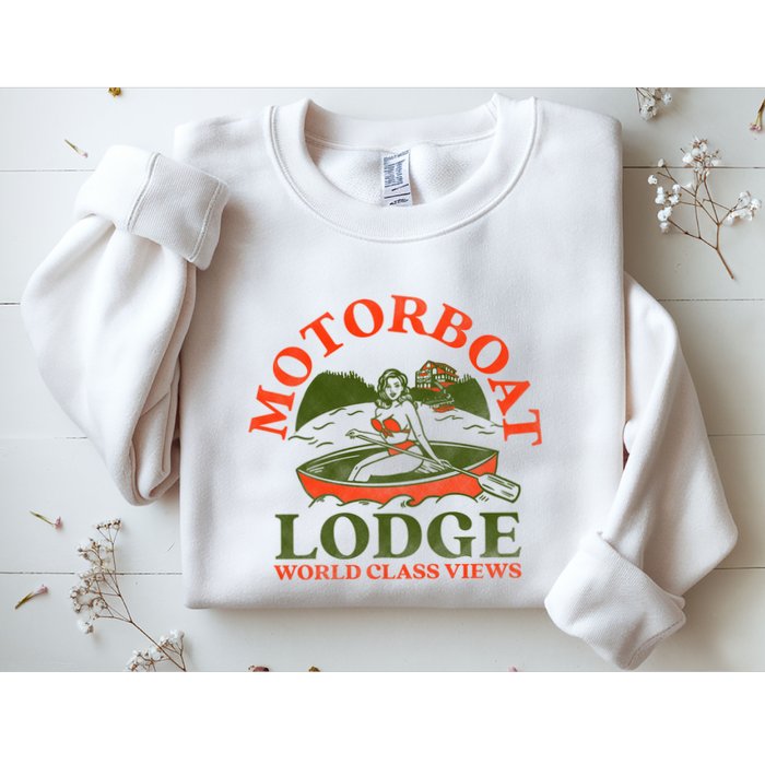 Motorboat Lodge World Class Views. Funny Retro Canoe Pinup Sweatshirt