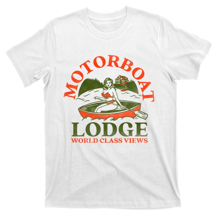 Motorboat Lodge World Class Views. Funny Retro Canoe Pinup T-Shirt