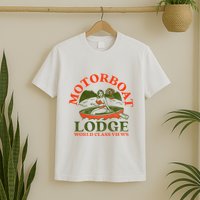 Motorboat Lodge World Class Views. Funny Retro Canoe Pinup T-Shirt