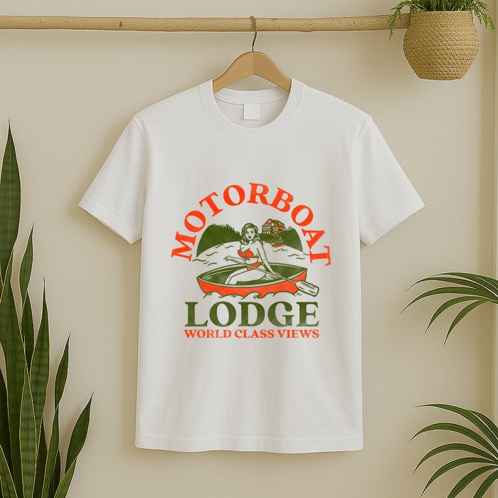 Motorboat Lodge World Class Views. Funny Retro Canoe Pinup T-Shirt