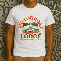 Motorboat Lodge World Class Views. Funny Retro Canoe Pinup T-Shirt
