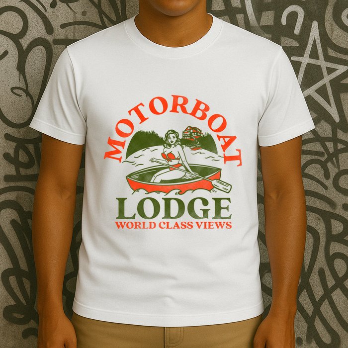 Motorboat Lodge World Class Views. Funny Retro Canoe Pinup T-Shirt
