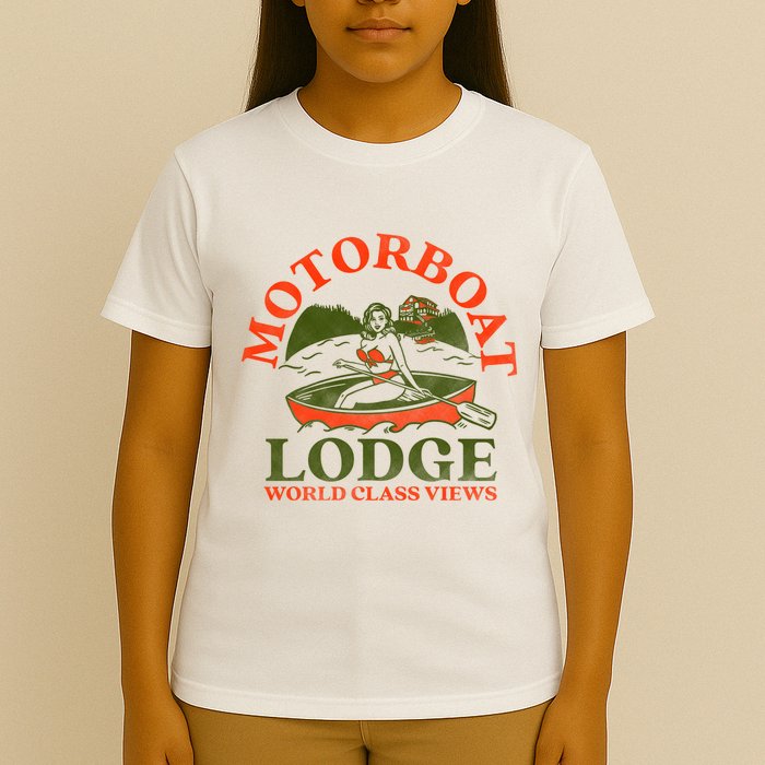 Motorboat Lodge World Class Views. Funny Retro Canoe Pinup T-Shirt