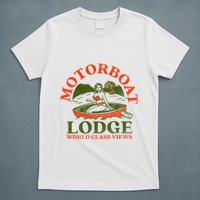 Motorboat Lodge World Class Views. Funny Retro Canoe Pinup T-Shirt