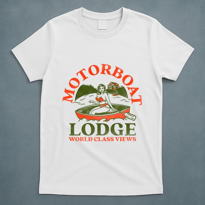 Motorboat Lodge World Class Views. Funny Retro Canoe Pinup T-Shirt