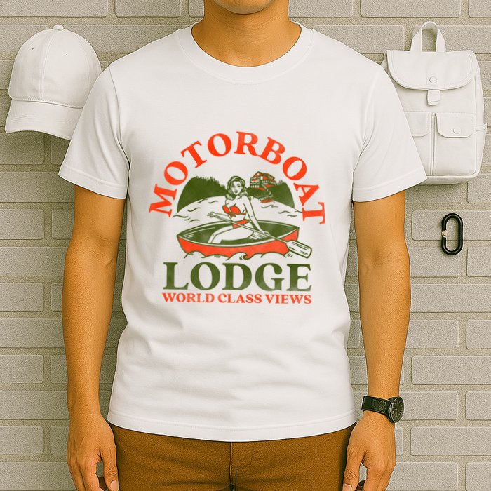Motorboat Lodge World Class Views. Funny Retro Canoe Pinup T-Shirt