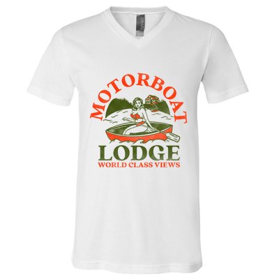 Motorboat Lodge World Class Views. Funny Retro Canoe Pinup V-Neck T-Shirt