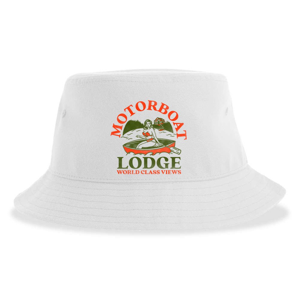 Motorboat Lodge World Class Views. Funny Retro Canoe Pinup Sustainable Bucket Hat