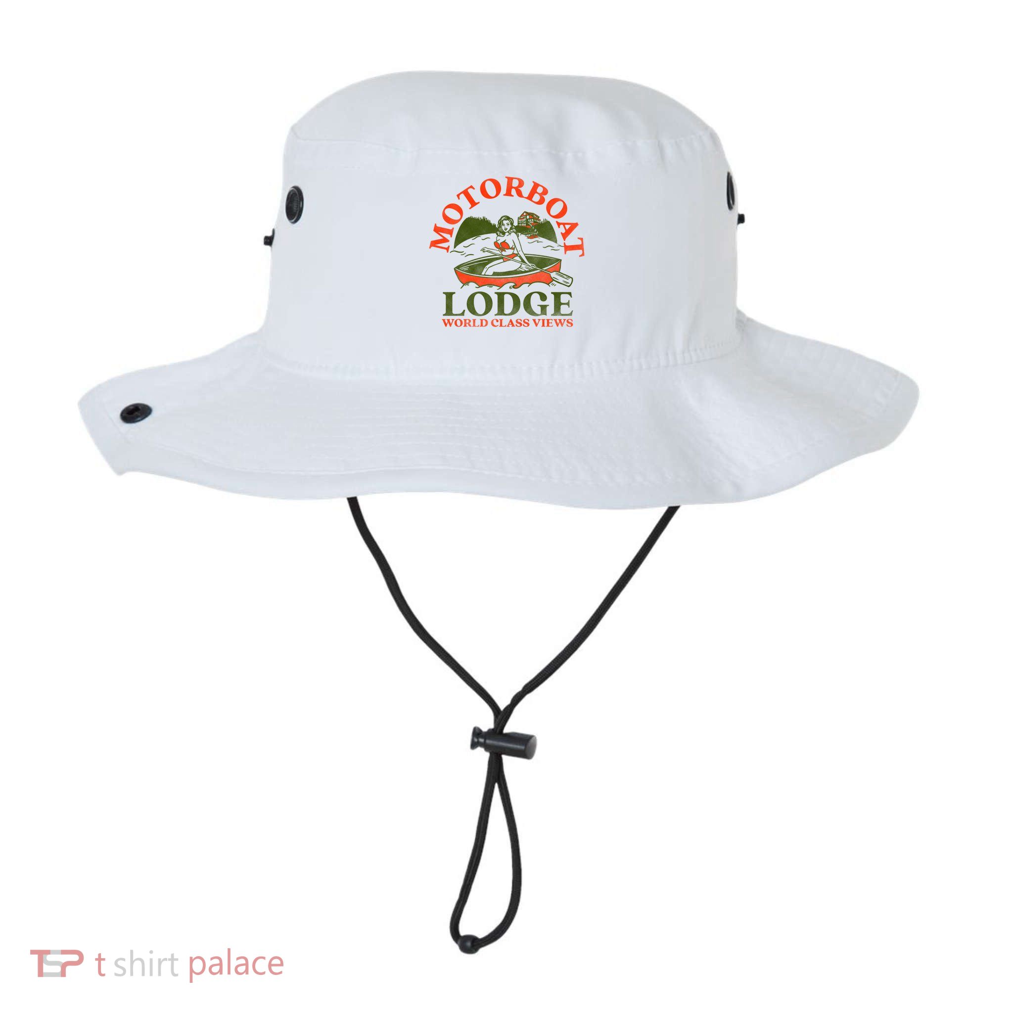 Motorboat Lodge World Class Views. Funny Retro Canoe Pinup Bucket Hat