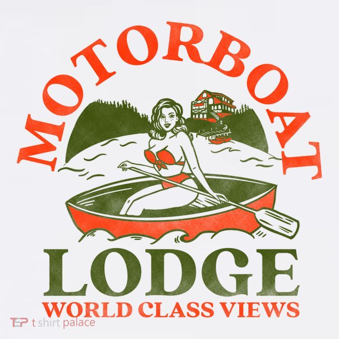 Motorboat Lodge World Class Views. Funny Retro Canoe Pinup Bucket Hat
