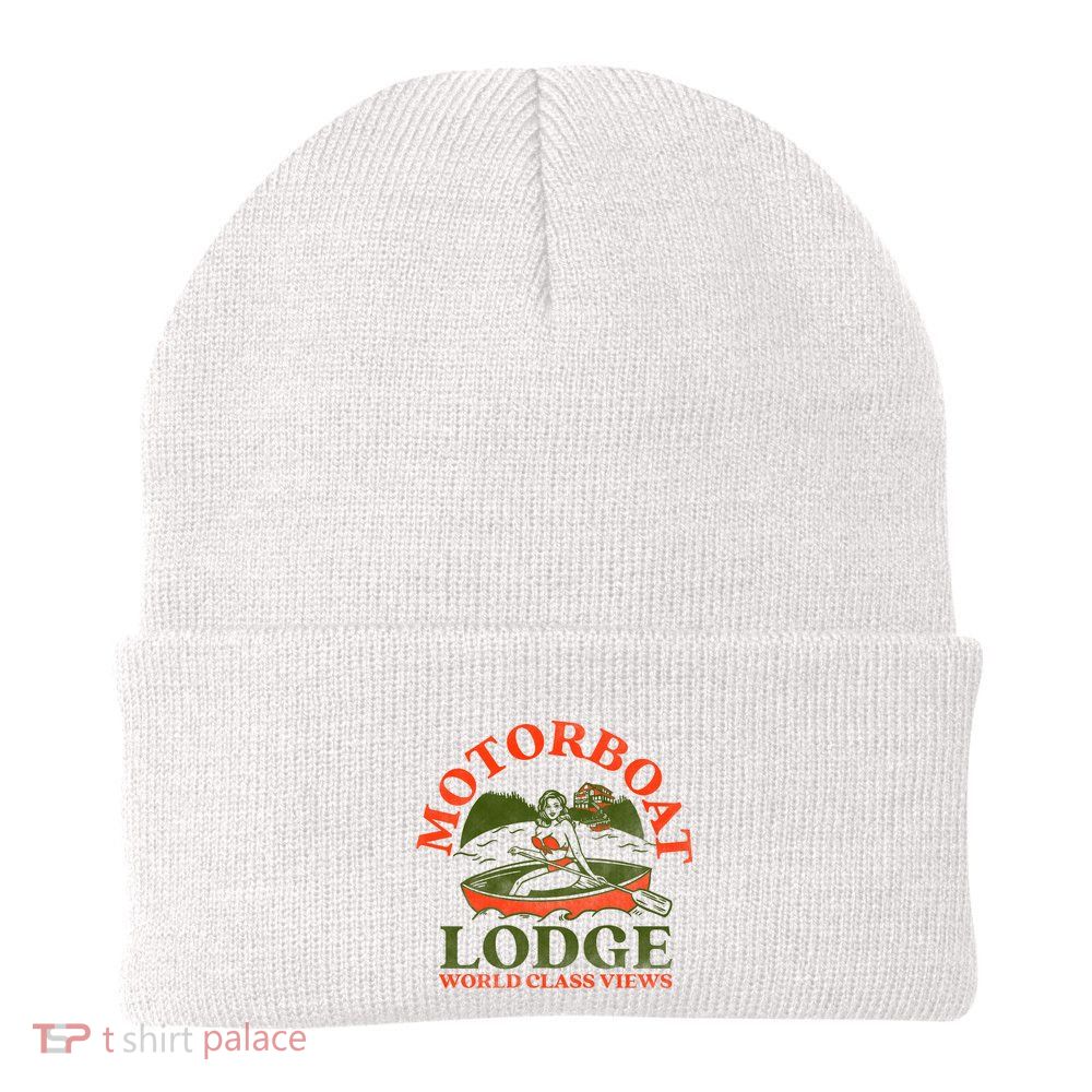 Motorboat Lodge World Class Views. Funny Retro Canoe Pinup Beanie