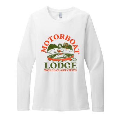 Motorboat Lodge World Class Views. Funny Retro Canoe Pinup Womens CVC Long Sleeve Shirt