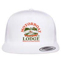 Motorboat Lodge World Class Views. Funny Retro Canoe Pinup Flat Bill Trucker Hat