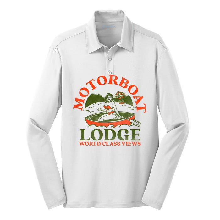 Motorboat Lodge World Class Views. Funny Retro Canoe Pinup Silk Touch Performance Long Sleeve Polo