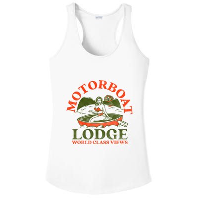 Motorboat Lodge World Class Views. Funny Retro Canoe Pinup Ladies PosiCharge Competitor Racerback Tank