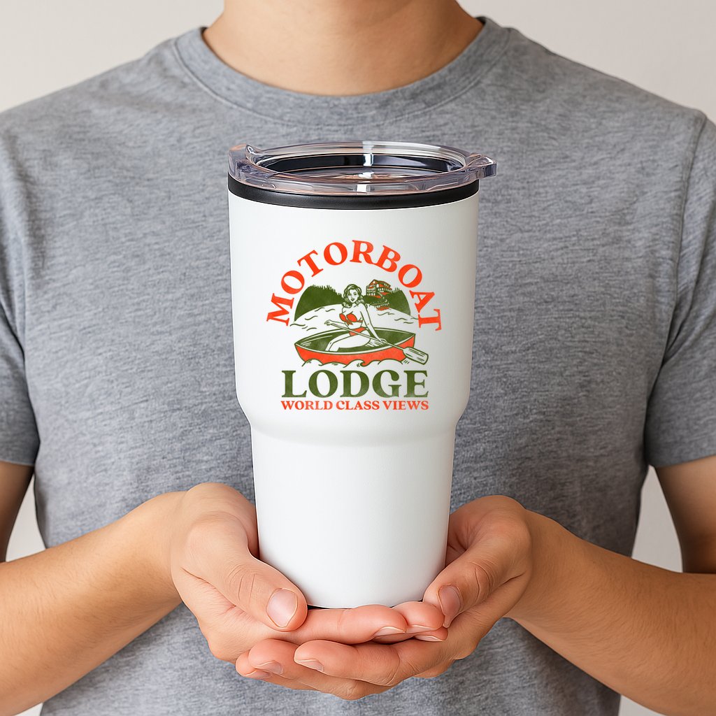 Motorboat Lodge World Class Views. Funny Retro Canoe Pinup Tumbler