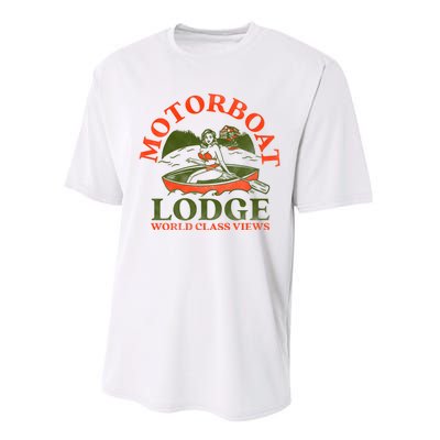 Motorboat Lodge World Class Views. Funny Retro Canoe Pinup Performance Sprint T-Shirt