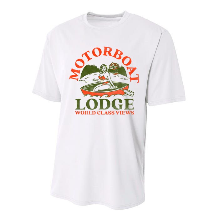 Motorboat Lodge World Class Views. Funny Retro Canoe Pinup Performance Sprint T-Shirt