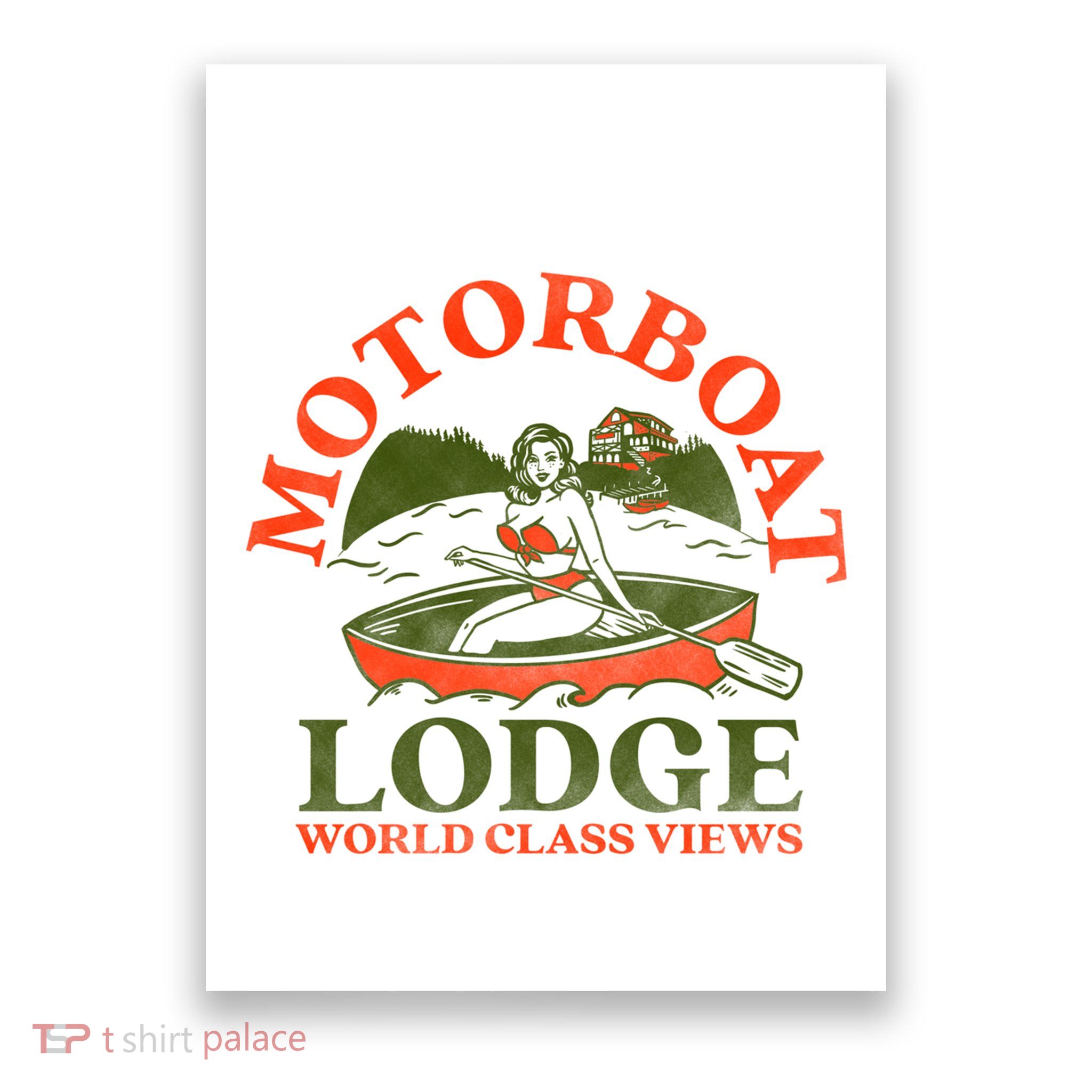 Motorboat Lodge World Class Views. Funny Retro Canoe Pinup Poster