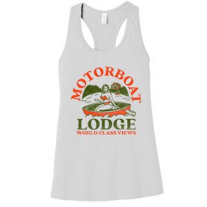 Motorboat Lodge World Class Views. Funny Retro Canoe Pinup Women's Racerback Tank