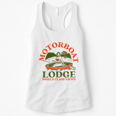 Motorboat Lodge World Class Views. Funny Retro Canoe Pinup Womens Tank Top