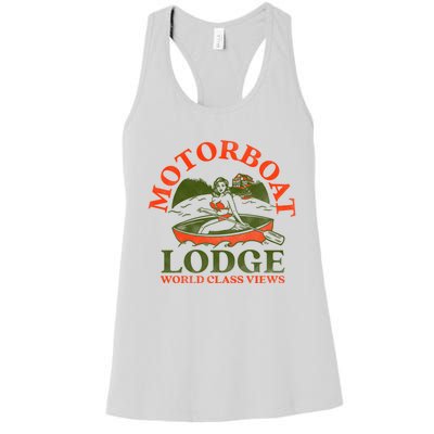 Motorboat Lodge World Class Views. Funny Retro Canoe Pinup Women's Racerback Tank