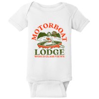 Motorboat Lodge World Class Views. Funny Retro Canoe Pinup Baby Bodysuit