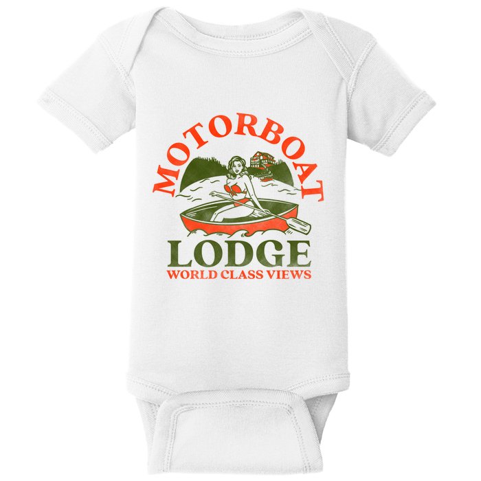 Motorboat Lodge World Class Views. Funny Retro Canoe Pinup Baby Bodysuit