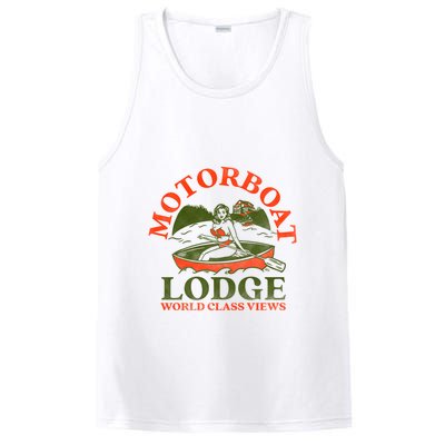 Motorboat Lodge World Class Views. Funny Retro Canoe Pinup PosiCharge Competitor Tank