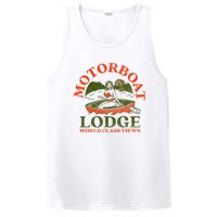 Motorboat Lodge World Class Views. Funny Retro Canoe Pinup PosiCharge Competitor Tank