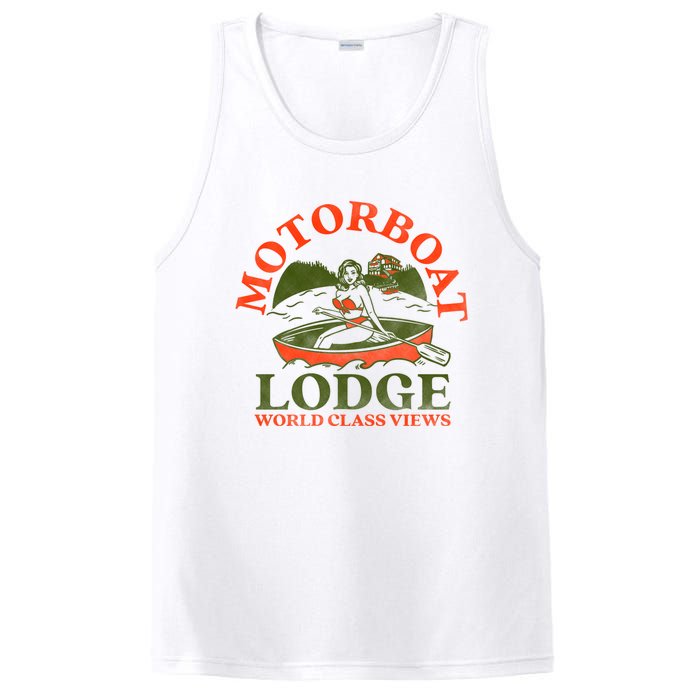 Motorboat Lodge World Class Views. Funny Retro Canoe Pinup PosiCharge Competitor Tank