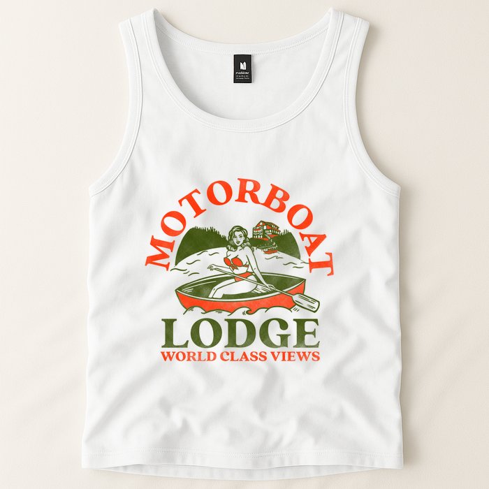 Motorboat Lodge World Class Views. Funny Retro Canoe Pinup Tank Top