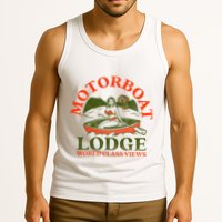 Motorboat Lodge World Class Views. Funny Retro Canoe Pinup Tank Top