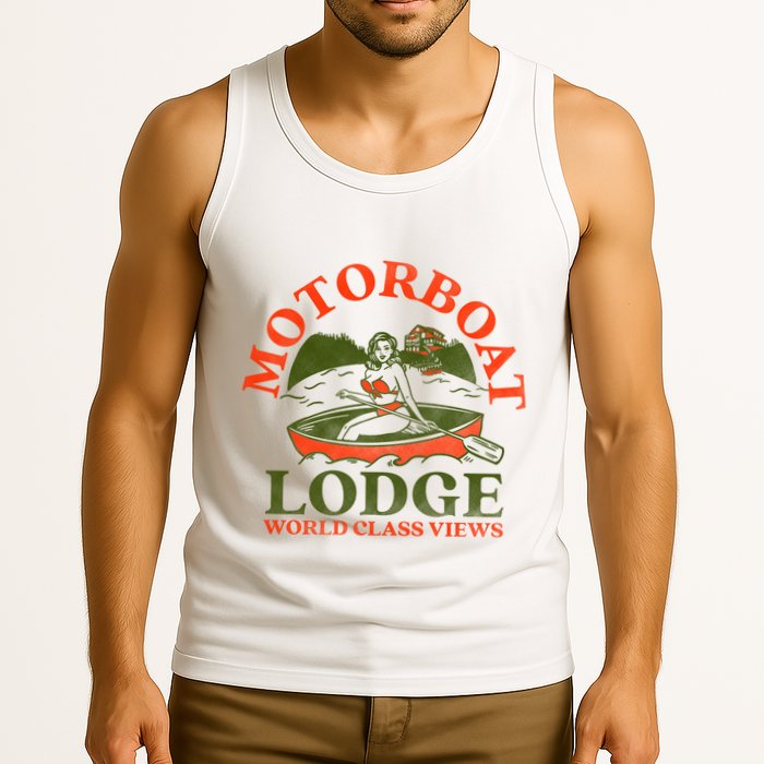 Motorboat Lodge World Class Views. Funny Retro Canoe Pinup Tank Top