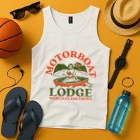 Motorboat Lodge World Class Views. Funny Retro Canoe Pinup Tank Top
